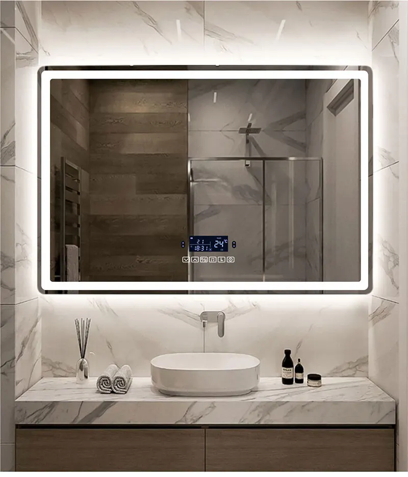 Espejo de maquillaje inteligente para baño, espejo rectangular con Bluetooth, luz LED, inducción del cuerpo humano, desnebulización, pantalla de tiempo, espejos colgantes de pared Espejo de maquillaje inteligente para baño, espejo rectangular con Bluetooth, luz LED, inducción del cuerpo humano, desnebulización, pantalla de tiempo, espejos colgantes de pared