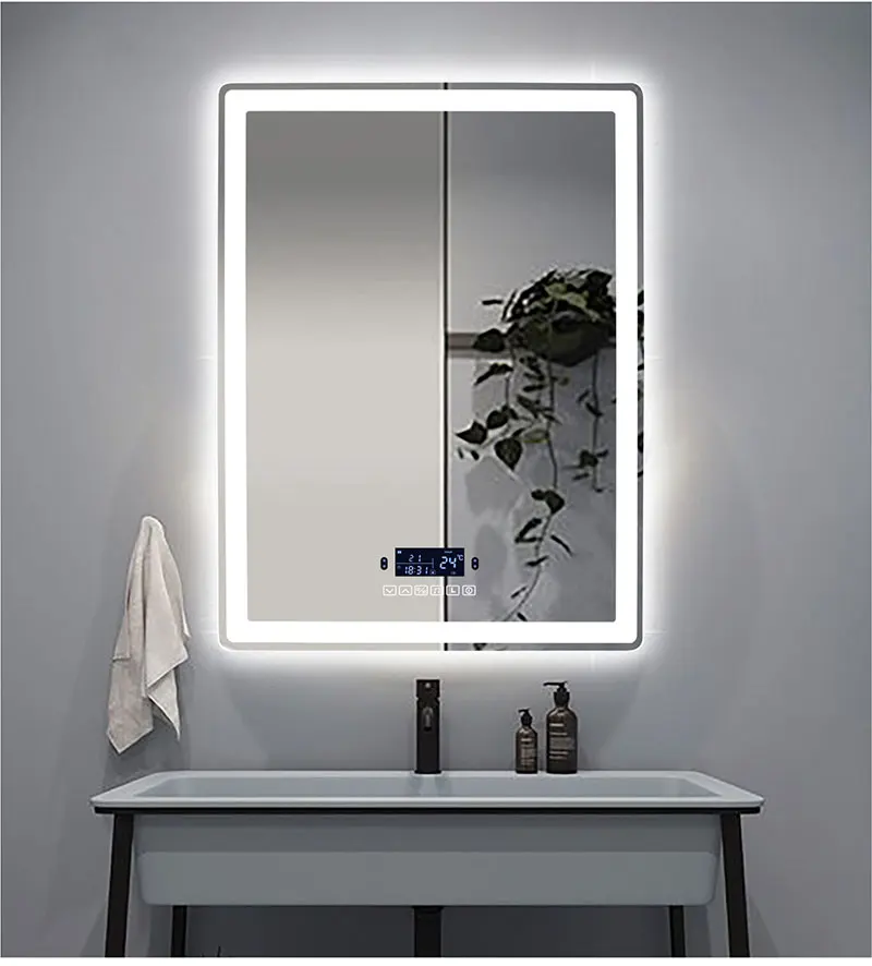 Espejo de maquillaje inteligente para baño, espejo rectangular con Bluetooth, luz LED, inducción del cuerpo humano, desnebulización, pantalla de tiempo, espejos colgantes de pared Espejo de maquillaje inteligente para baño, espejo rectangular con Bluetooth, luz LED, inducción del cuerpo humano, desnebulización, pantalla de tiempo, espejos colgantes de pared