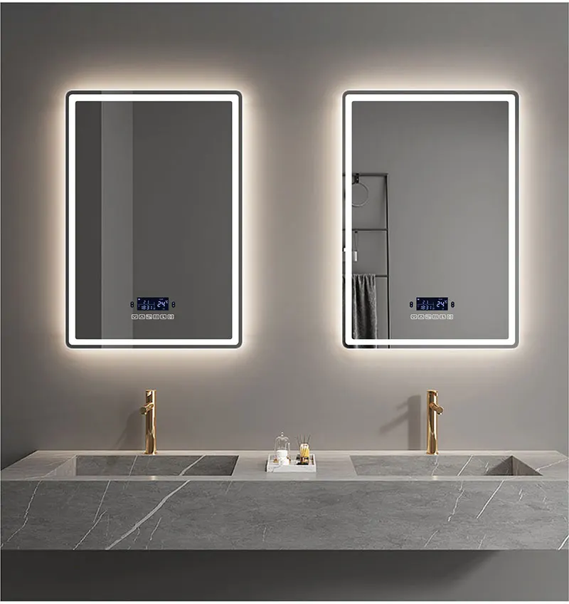 Espejo de maquillaje inteligente para baño, espejo rectangular con Bluetooth, luz LED, inducción del cuerpo humano, desnebulización, pantalla de tiempo, espejos colgantes de pared Espejo de maquillaje inteligente para baño, espejo rectangular con Bluetooth, luz LED, inducción del cuerpo humano, desnebulización, pantalla de tiempo, espejos colgantes de pared
