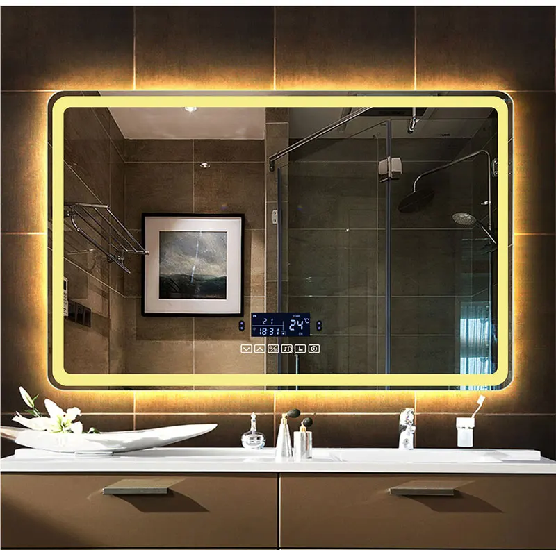 Espejo de maquillaje inteligente para baño, espejo rectangular con Bluetooth, luz LED, inducción del cuerpo humano, desnebulización, pantalla de tiempo, espejos colgantes de pared Espejo de maquillaje inteligente para baño, espejo rectangular con Bluetooth, luz LED, inducción del cuerpo humano, desnebulización, pantalla de tiempo, espejos colgantes de pared
