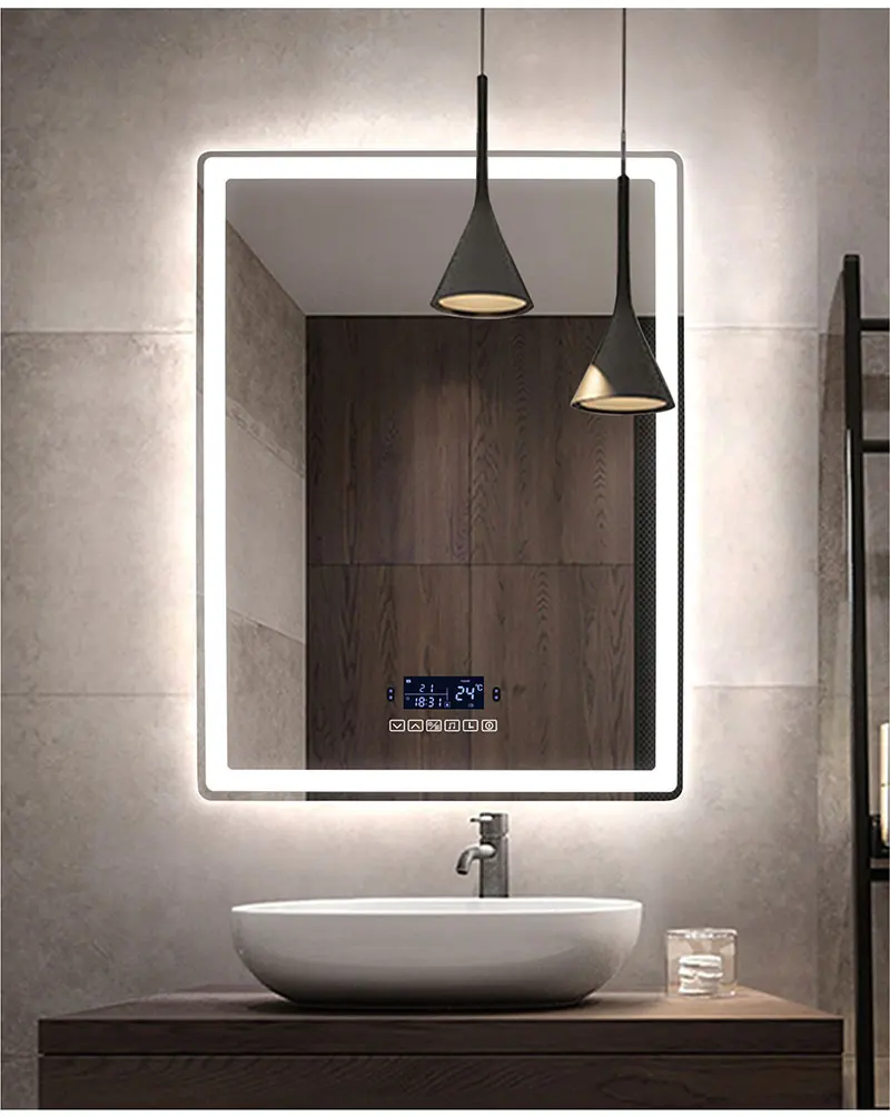 Espejo de maquillaje inteligente para baño, espejo rectangular con Bluetooth, luz LED, inducción del cuerpo humano, desnebulización, pantalla de tiempo, espejos colgantes de pared Espejo de maquillaje inteligente para baño, espejo rectangular con Bluetooth, luz LED, inducción del cuerpo humano, desnebulización, pantalla de tiempo, espejos colgantes de pared
