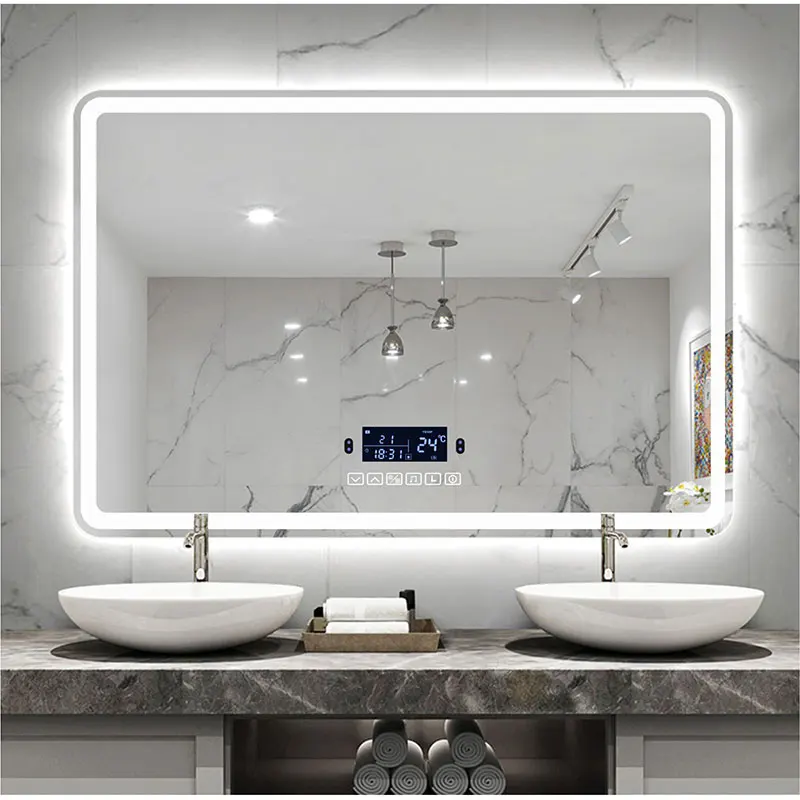Espejo de maquillaje inteligente para baño, espejo rectangular con Bluetooth, luz LED, inducción del cuerpo humano, desnebulización, pantalla de tiempo, espejos colgantes de pared Espejo de maquillaje inteligente para baño, espejo rectangular con Bluetooth, luz LED, inducción del cuerpo humano, desnebulización, pantalla de tiempo, espejos colgantes de pared