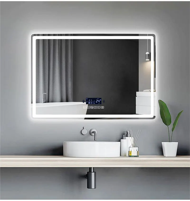 Espejo de maquillaje inteligente para baño, espejo rectangular con Bluetooth, luz LED, inducción del cuerpo humano, desnebulización, pantalla de tiempo, espejos colgantes de pared Espejo de maquillaje inteligente para baño, espejo rectangular con Bluetooth, luz LED, inducción del cuerpo humano, desnebulización, pantalla de tiempo, espejos colgantes de pared