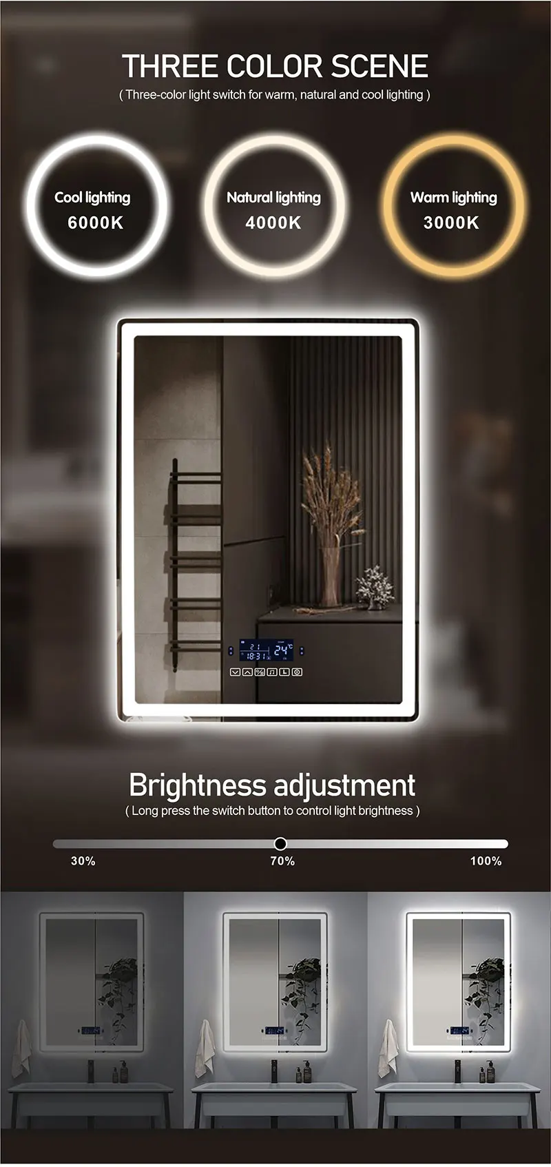 Espejo de maquillaje inteligente para baño, espejo rectangular con Bluetooth, luz LED, inducción del cuerpo humano, desnebulización, pantalla de tiempo, espejos colgantes de pared Espejo de maquillaje inteligente para baño, espejo rectangular con Bluetooth, luz LED, inducción del cuerpo humano, desnebulización, pantalla de tiempo, espejos colgantes de pared