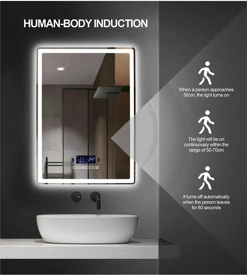 Espejo de maquillaje inteligente para baño, espejo rectangular con Bluetooth, luz LED, inducción del cuerpo humano, desnebulización, pantalla de tiempo, espejos colgantes de pared Espejo de maquillaje inteligente para baño, espejo rectangular con Bluetooth, luz LED, inducción del cuerpo humano, desnebulización, pantalla de tiempo, espejos colgantes de pared