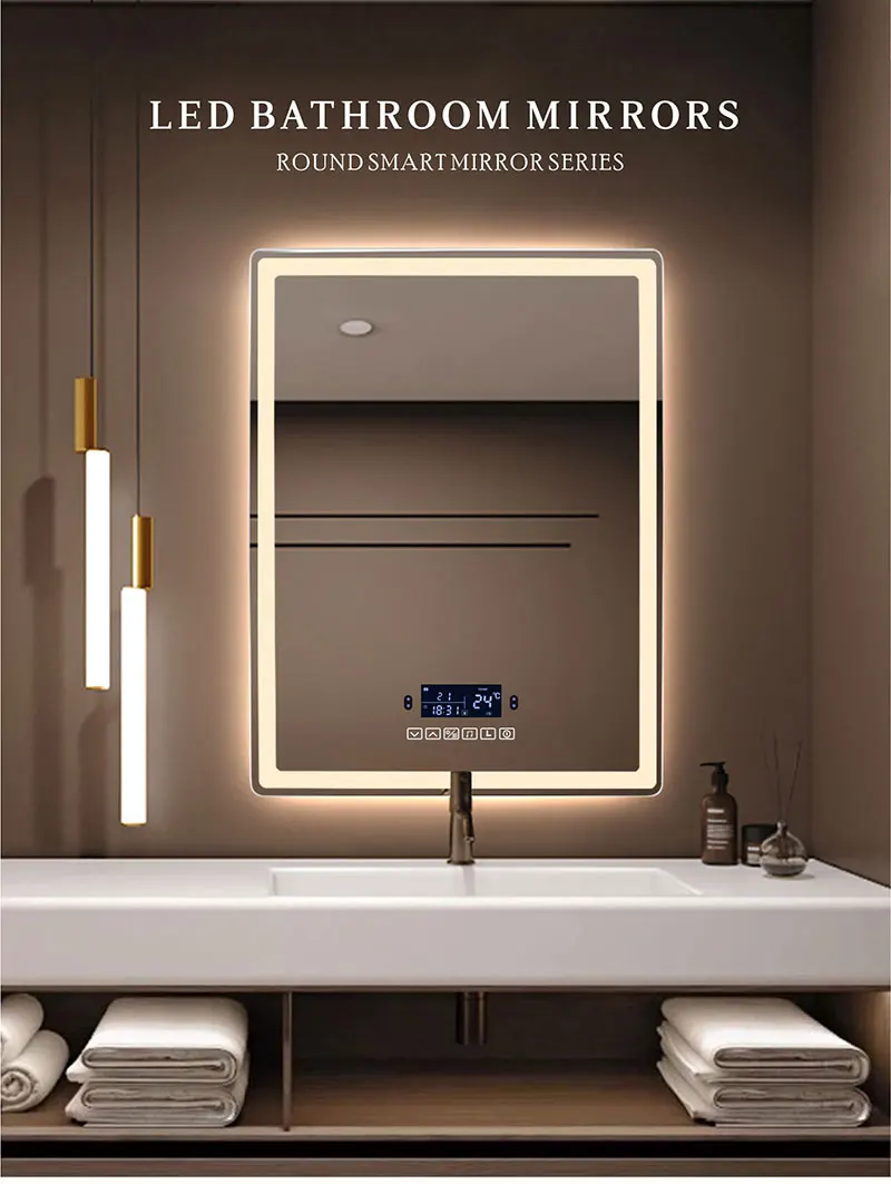 Espejo de maquillaje inteligente para baño, espejo rectangular con Bluetooth, luz LED, inducción del cuerpo humano, desnebulización, pantalla de tiempo, espejos colgantes de pared Espejo de maquillaje inteligente para baño, espejo rectangular con Bluetooth, luz LED, inducción del cuerpo humano, desnebulización, pantalla de tiempo, espejos colgantes de pared