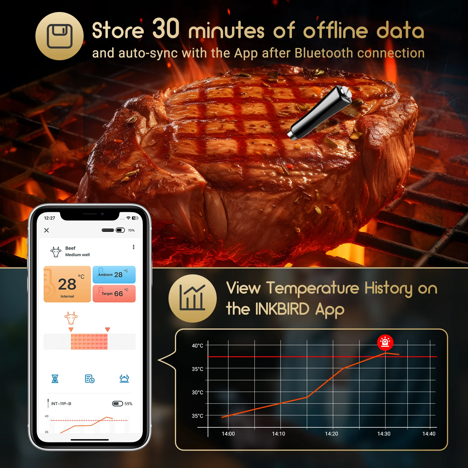 INKBIRD-termómetro 2 en 1 para cocinar alimentos, dispositivo inalámbrico con Bluetooth, para carne, Control por aplicación inteligente de temperatura, parrilla de horno