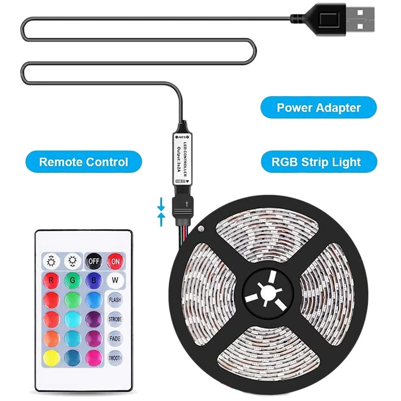 Tira de luces LED con Control remoto IR, lámpara de iluminación para el hogar, 2m, USB, 2835, 24 teclas, para cocina, armario, dormitorio, PC, TV