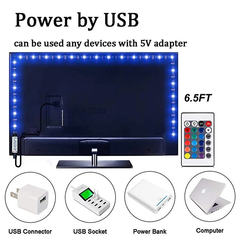 Tira de luces LED con Control remoto IR, lámpara de iluminación para el hogar, 2m, USB, 2835, 24 teclas, para cocina, armario, dormitorio, PC, TV