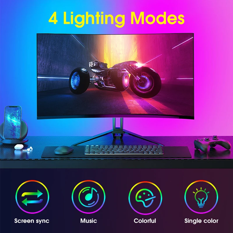 Tira de luces LED de colores para retroiluminación de Monitor de ordenador, luz ambiental de sincronización en tiempo Real, lámpara de ambiente de juego para Monitor de 24-34 pulgadas, 1-4 piezas Tira de luces LED de colores para retroiluminación de Monitor de ordenador, luz ambiental de sincronización en tiempo Real, lámpara de ambiente de juego para Monitor de 24-34 pulgadas, 1-4 piezas