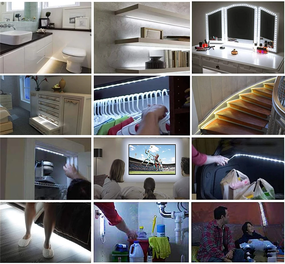 Cinta de luz LED con Sensor de movimiento para armario de cocina, tira de luz no impermeable, inalámbrica, PIR, con batería, para escaleras y armario Cinta de luz LED con Sensor de movimiento para armario de cocina, tira de luz no impermeable, inalámbrica, PIR, con batería, para escaleras y armario