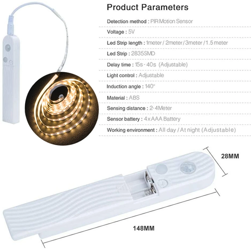 Cinta de luz LED con Sensor de movimiento para armario de cocina, tira de luz no impermeable, inalámbrica, PIR, con batería, para escaleras y armario Cinta de luz LED con Sensor de movimiento para armario de cocina, tira de luz no impermeable, inalámbrica, PIR, con batería, para escaleras y armario